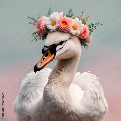 Cute White Swan wearing a flower crown in delicate postel solid background photo