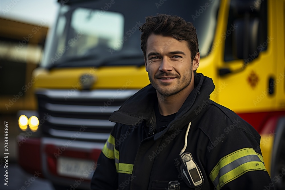 A professional firefighter standing in front of a fire engine, ready to respond to emergency A professional firefighter standing in front of a fire engine, ready to respond to emergency