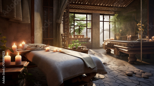 A tranquil spa massage bedroom interior with candles, gentle lighting, and a view of mountains during dusk, invoking a sense of relaxation and peace.
