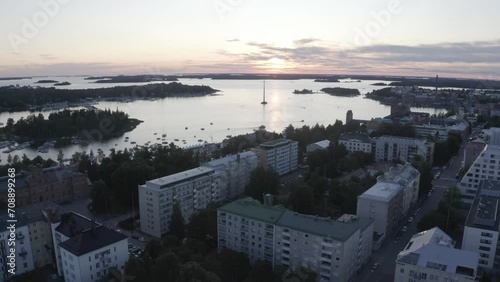 Drone shot of Oulu city lies at the mouth of the Oulujoki River along the Gulf of Bothnia, Finalnd photo