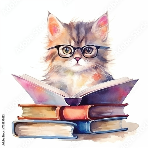 A cute cat wearing glasses reading a book with a stack of book. watercolor style. Love reading and education for children and kids concept.
