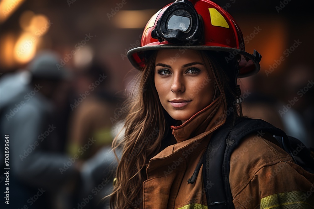 Courageous young woman wearing firefighters uniform ready to save lives and fight fires