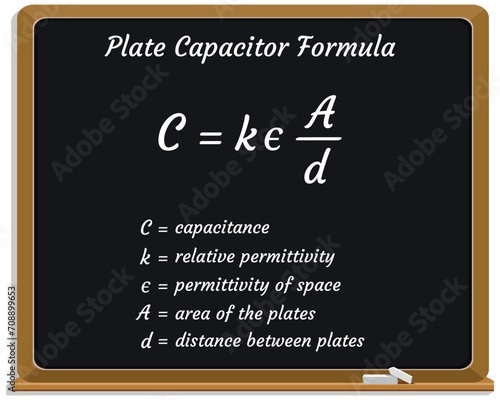 Plate capacitor Formula on a black chalkboard. Education. Science. Formula. Vector illustration.