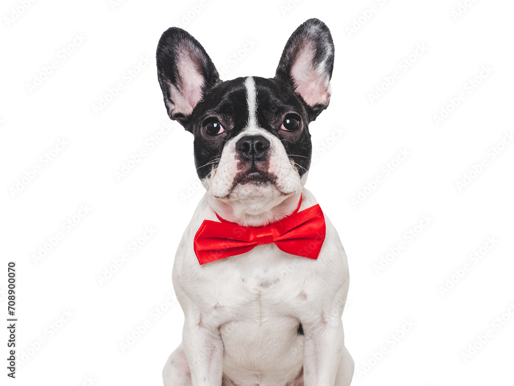 Cute puppy and green bow tie. Close-up, indoors. Concept of beauty and fashion. Studio shot, isolated background. Congratulations for family, loved ones, relatives, friends and colleagues. Pets care