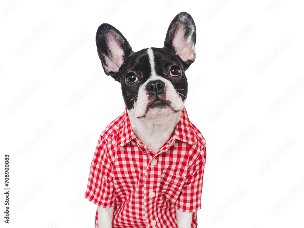Cute puppy and red shirt. Close-up, indoors. Concept of beauty and fashion. Studio photo, isolated background. Pets care