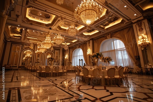an event at luxury hotel banquet with dining tables and chandeliers © DailyLifeImages