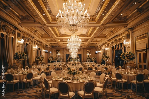 an event at luxury hotel banquet with dining tables and chandeliers photo