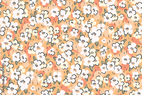 Seamless floral pattern, liberty ditsy print of pretty mini flowers, delicate spring meadow. Cute botanical design: small hand drawn flowers, tiny leaves, grass abstract on a peach background. Vector.