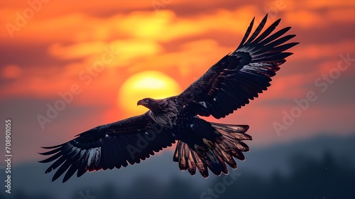 Illustration of iconic american eagle flying, vibrant sunset at background, celebration of spirit of freedom and independence. Patriotic USA memorial day, fourth of July holiday concept. © Koko Art Studio