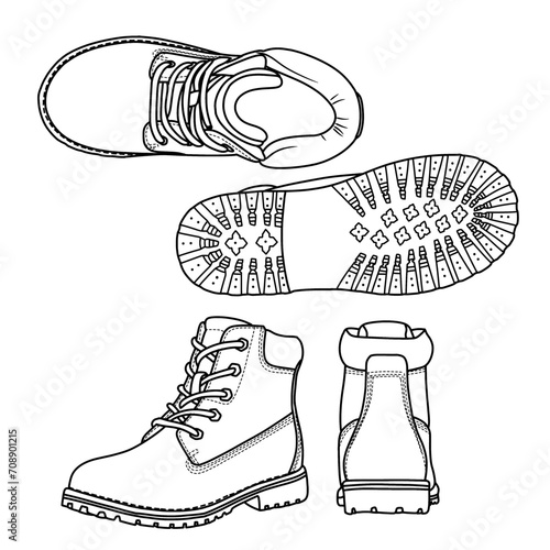 Template vector  Men's Winter Snow Boots, suitable for your custom Ankle Boots shoes design, outline vector doodle illustration, various view, isolated with white background.
