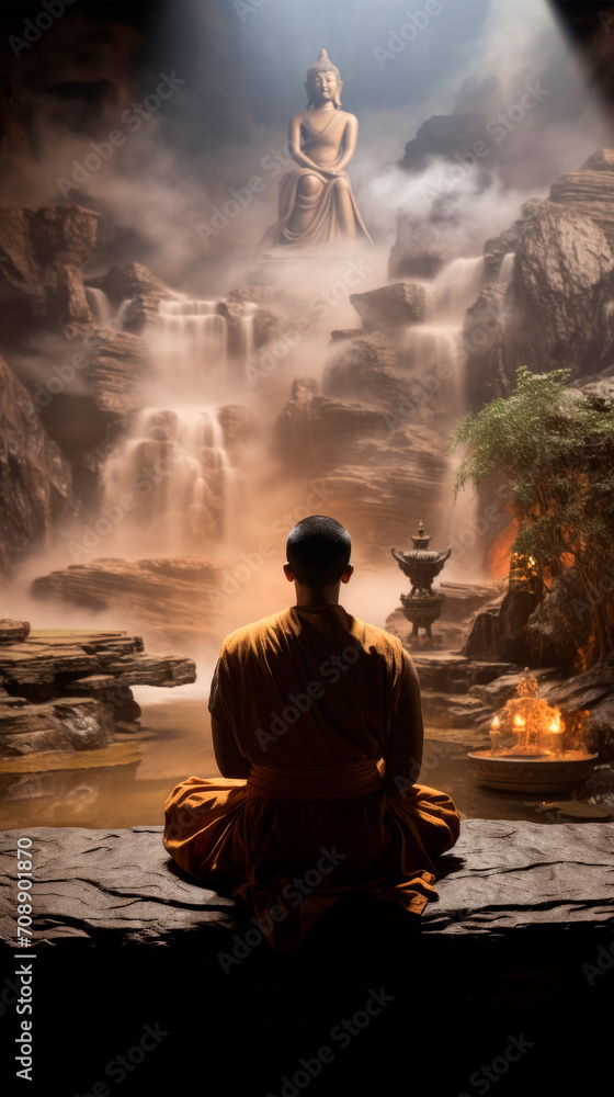 Mystical scene of monk meditating by tranquil pond in cave, with backdrop of soft waterfall, lotus flowers adorning the water and candles. Spiritual meditation practices. Cultural heritage of Buddhism
