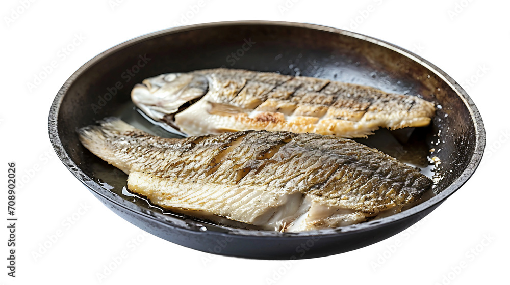 Barramundi in a Culinary Pan Isolated on Transparent Background. Generative Ai
