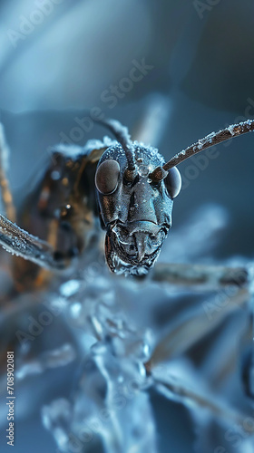 Intense Macro Shot of an Ant's Face with Dew Drops © Aleksandr
