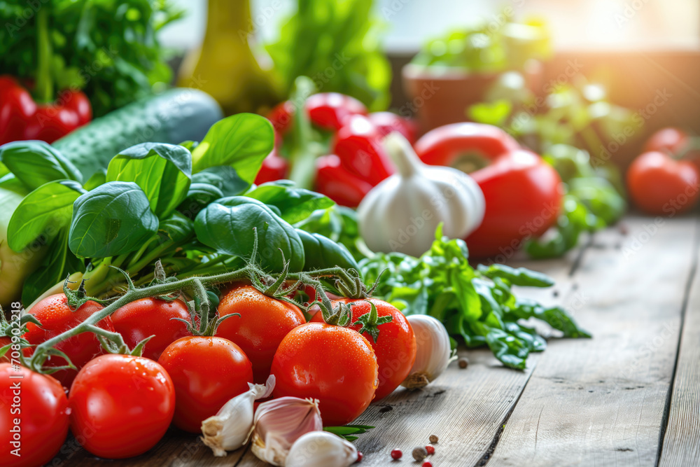 Assorted raw vegetables on rustic wooden table, vegetarian food, healthy lifestyle theme, farm-to-table concept Assorted raw vegetables on rustic wooden table, vegetarian food, healthy lifestyle theme, farm-to-table concept