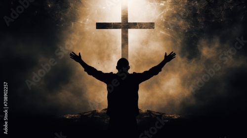 AI generated illustration of a man with outstretched arms against a cross