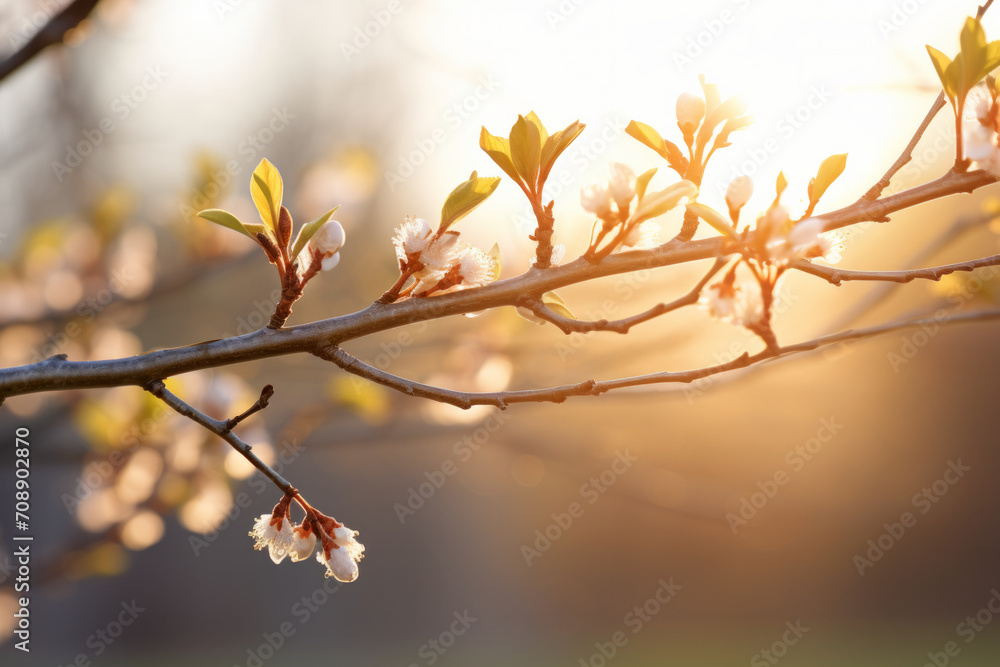 A tree branch in early spring with bursting buds in the early morning sunlight A tree branch in early spring with bursting buds in the early morning sunlight