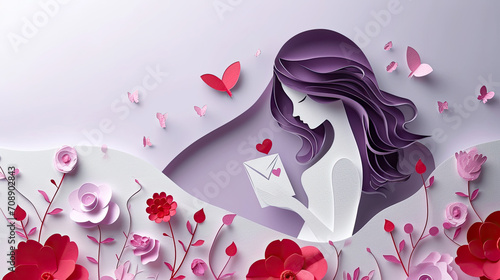 An image in paper cut style, featuring a heart and a woman, Envelope in pastel colors with Valentine's Day elements, depicting the sweetness of love.