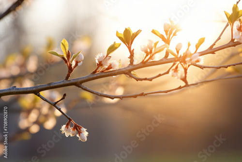 A tree branch in early spring with bursting buds in the early morning sunlight © ink drop