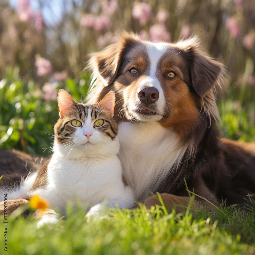 Cute Aussie dog and cat lie together in nature on green grass on a spring sunny background Cute Aussie dog and cat lie together in nature on green grass on a spring sunny background