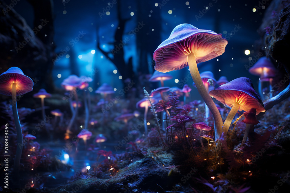 A surreal field of bioluminescent mushrooms glowing in the dark ...