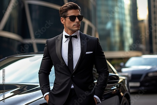 A successful businessman stepping out of a luxury car in front of a backdrop of towering skyscrapers, exuding an air of opulence. © pueb