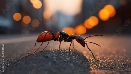 Ants in the hot afternoon on the road are like a group of workers moving in unison
