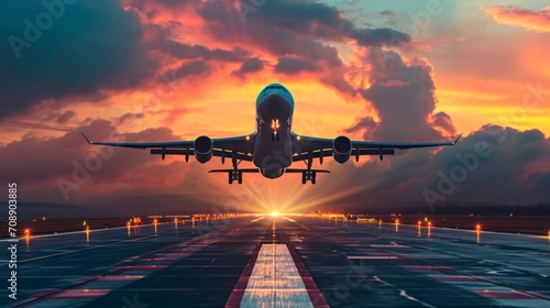 A jetliner taking off from an airport runway at sunset, travel, vacation