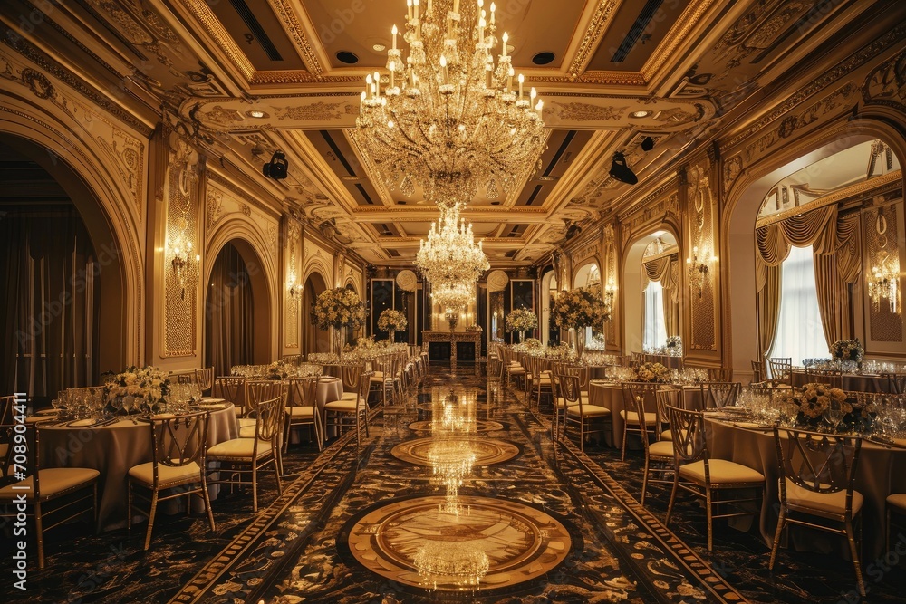 Naklejka premium an event at luxury hotel banquet with dining tables and chandeliers