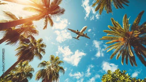 An airplane flying above a blue sky palm trees, tropical landscapes, travel, vacation © Kate Mova
