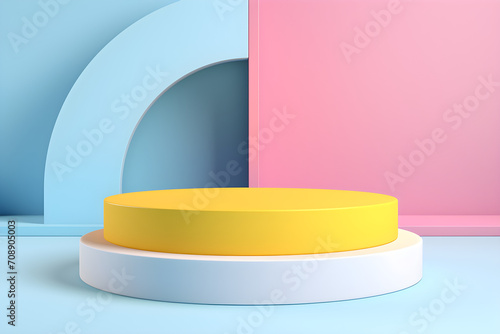 White realistic 3d cylinder pedestal podium with pastel yellow, blue and pink in semi circle backdrop for product.Abstract vector rendering geometric platform. Product display presentation. Minimal