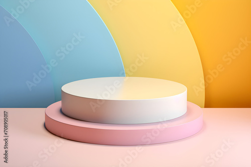 White realistic 3d cylinder pedestal podium with pastel yellow, blue and pink in semi circle backdrop for product.Abstract vector rendering geometric platform. Product display presentation. Minimal