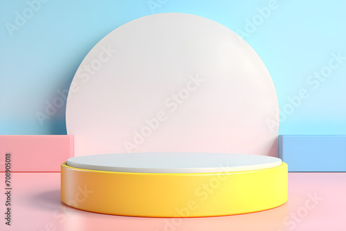 White realistic 3d cylinder pedestal podium with pastel yellow, blue and pink in semi circle backdrop for product.Abstract vector rendering geometric platform. Product display presentation. Minimal