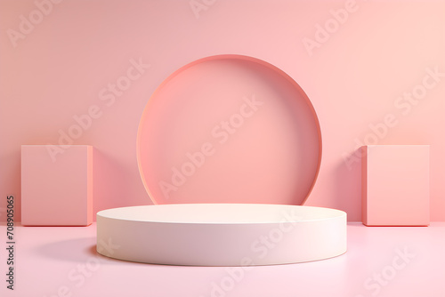 White realistic 3d cylinder pedestal podium with pastel pink in semi circle backdrop for product.Abstract vector rendering geometric platform. Product display presentation. Minimal screen