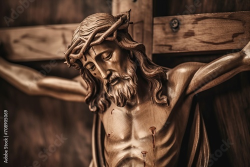 Christian sculpture god. Marvelous and amazing wooden statue with details. Generate AI