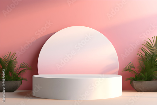 White realistic 3d cylinder pedestal podium with pastel pink in semi circle backdrop for product.Abstract vector rendering geometric platform. Product display presentation. Minimal screen