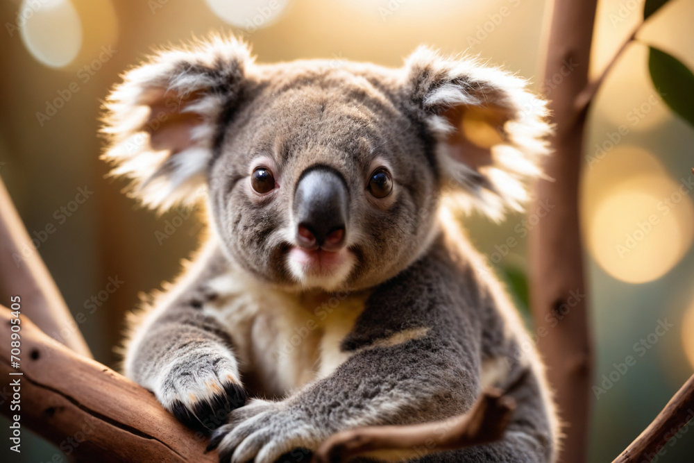 Fototapeta premium Close-up portrait of a cute small koala sitting on branch, looking at camera, cinematic light, selective focus, golden backlight