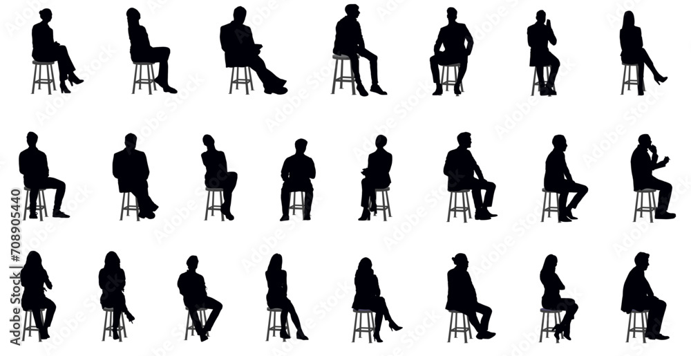 Silhouettes of diverse business people, men and women full length sitting on stool.  Vector illustration isolated on transparent background.