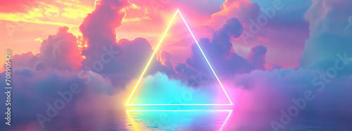 single neon triangle on water with clouds, AI generated