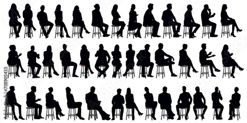 Vector silhouettes of a men and a women sitting on a bench, a group of business people, black color on a transparent background