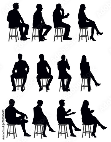 people sitting silhouette. Collection or set of people sitting on stool in transparent background. 
chatting, talking, meeting, gossiping, resting. 