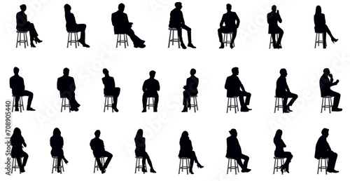 Silhouettes of diverse business people, men and women full length sitting on stool. Vector illustration isolated on transparent background.