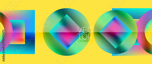 Squares and circles design. Fluid color gradients with metallic effects. Serene synergy of shapes, merging squares and circles into harmonious, captivating design