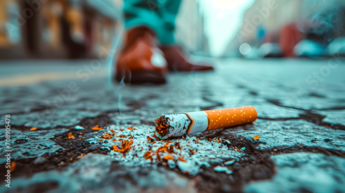 A cigarette butt thrown in the street. World No Tobacco Day. photo