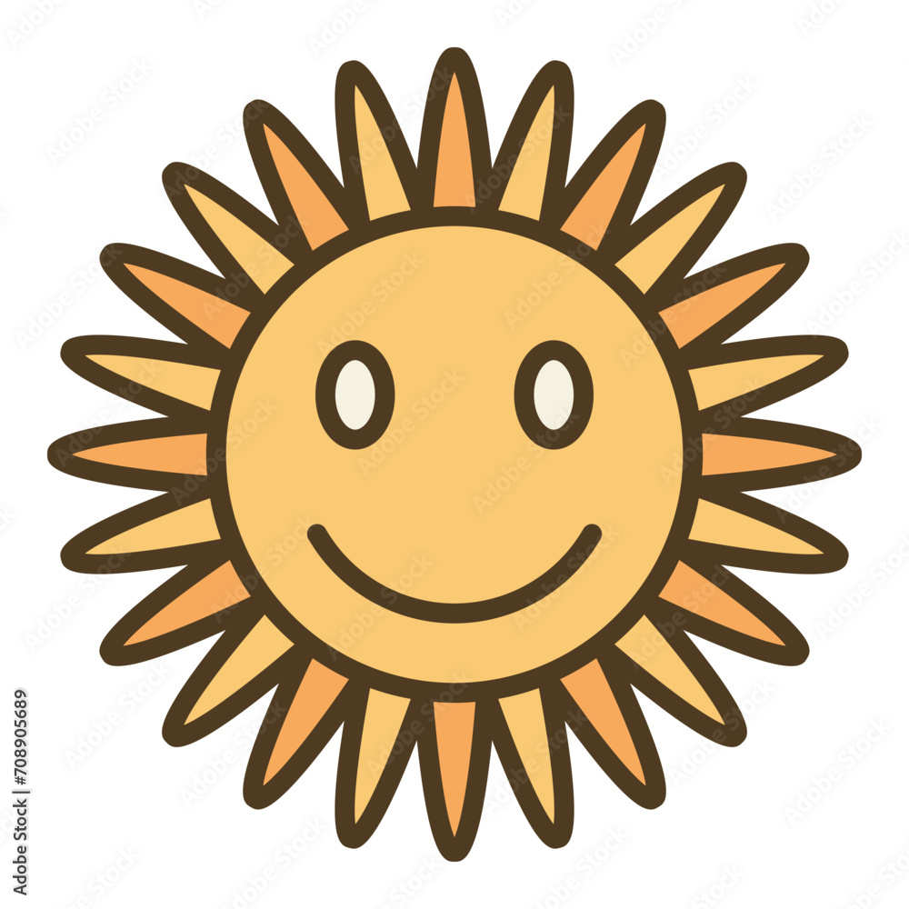 Funny Flower with Cute Smiling Face vector Hippie style colored icon or symbol