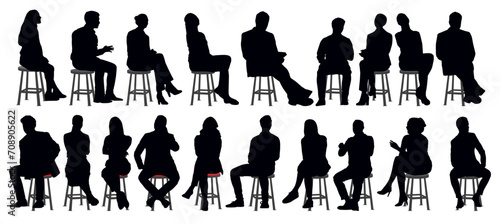 Silhouettes of business people, men and women sitting on stool full length. Vector illustration isolated on transparent background.