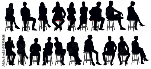 people sitting silhouette. Collection or set of people sitting on stool in transparent background. 
chatting, talking, meeting, gossiping, resting. 