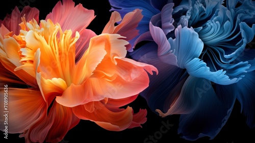 Vibrant blue and peach orchids on black background. Bright floral wallpaper  neon colors  close up