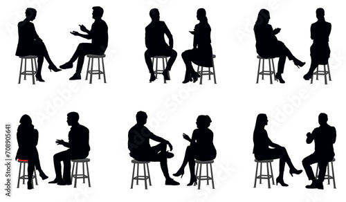 Silhouettes of business people, men and women sitting on stool full length. Vector illustration isolated on transparent background.