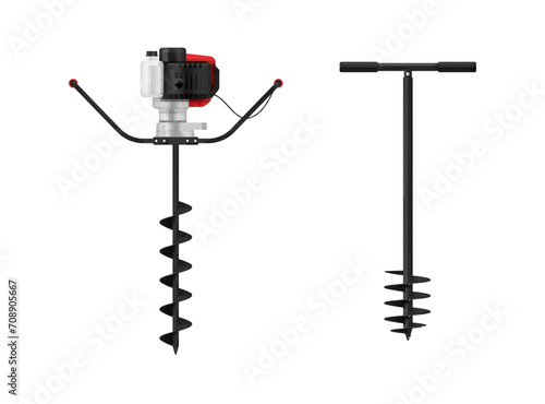 Portable garden auger drill agricultural ground hole electric mechanical rig set realistic vector
