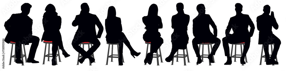 Vector silhouettes of a men and a women sitting on a bench, a group of business people, black color on a transparent background